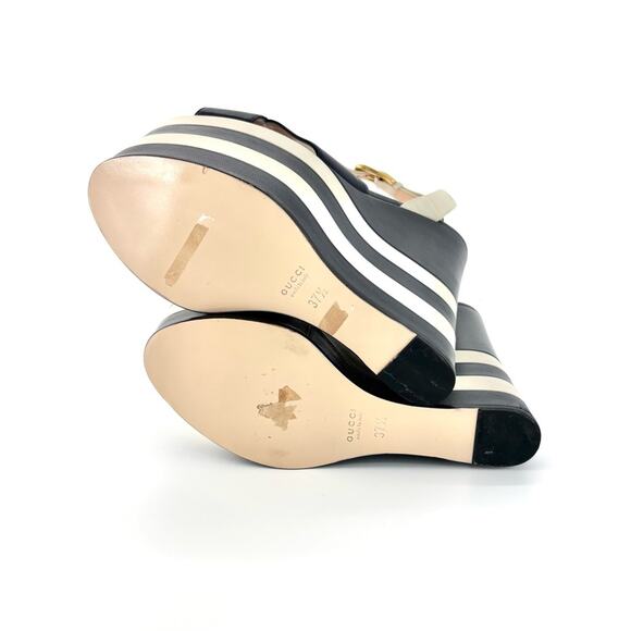 Gucci Sally Nappa Leather Navy Ivory Snake Platform Wedge Sandals 37.5 - Picture 8 of 10